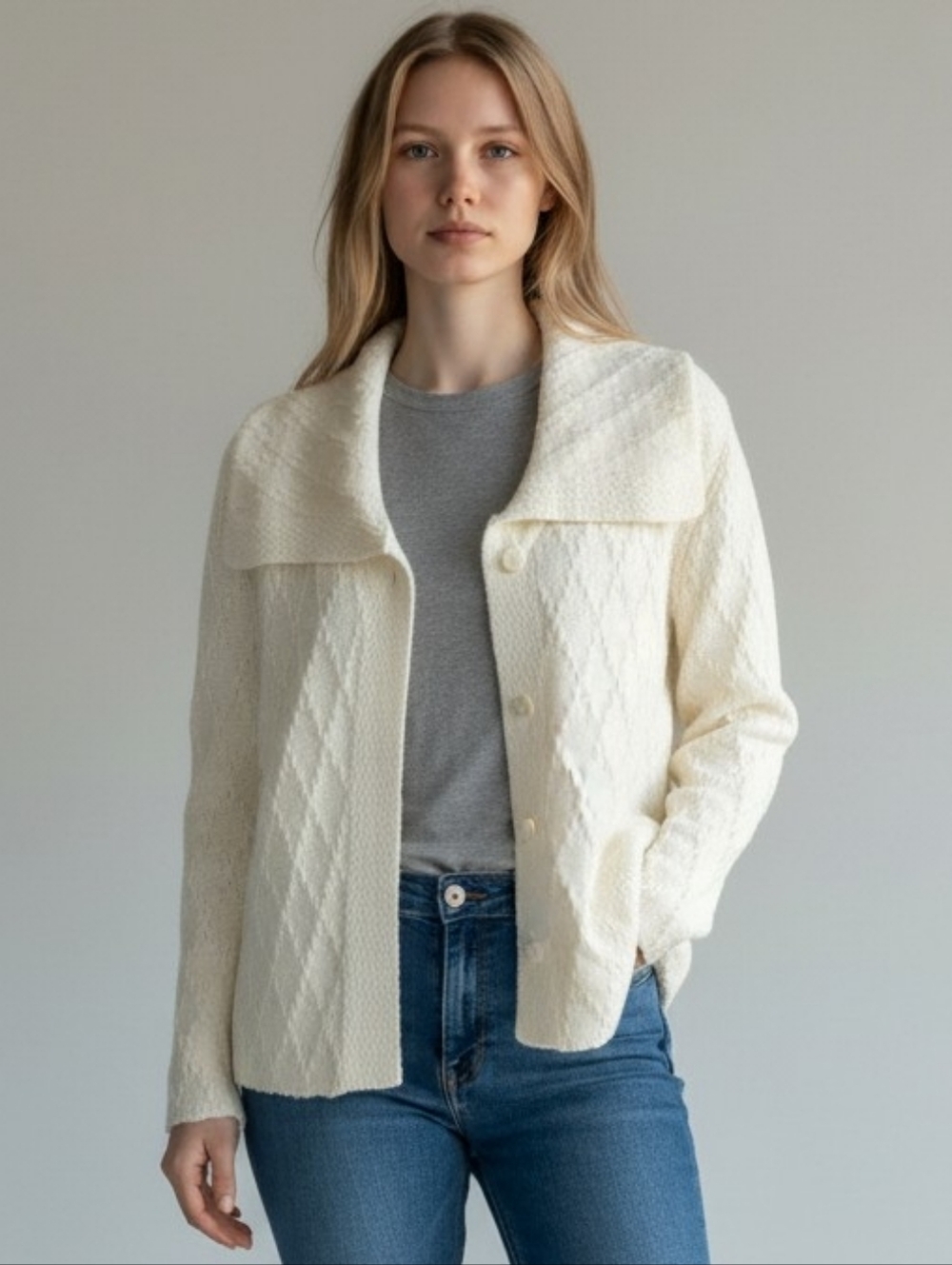 JM Collection Women's Cream Textured  1 Snap Cardigan
